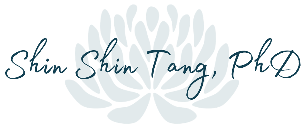 Picture of Shin Shin Tang, PhD logo with light blue chrysanthemum in the background